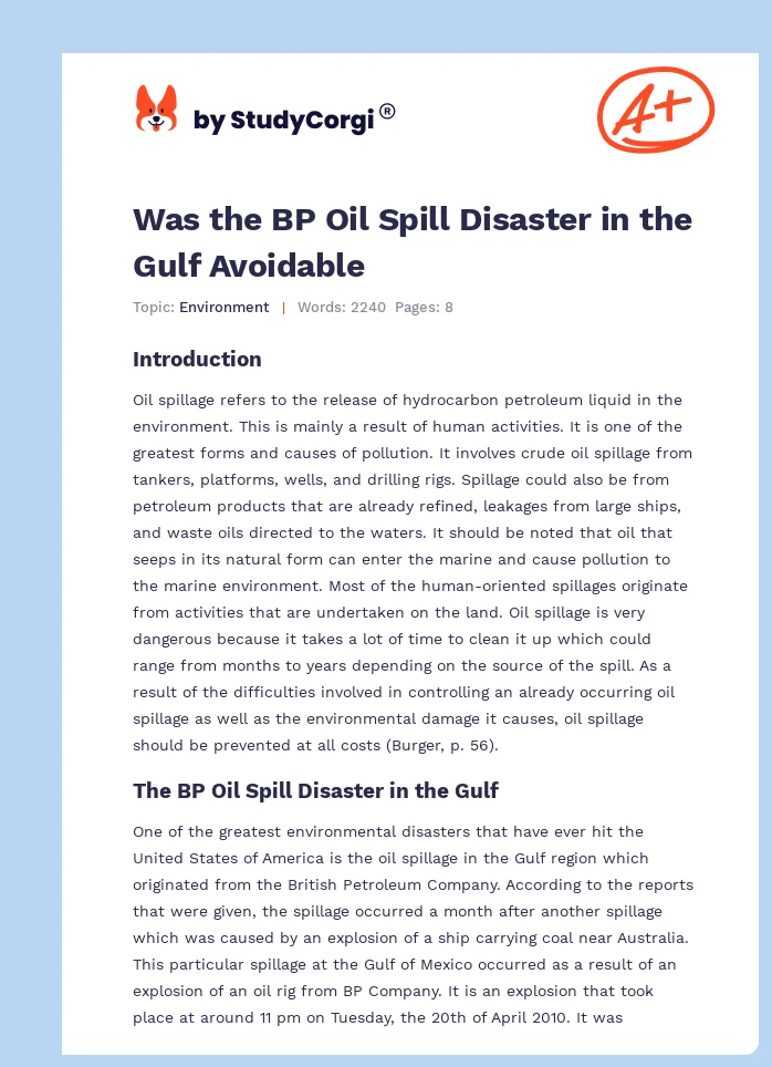 Was the BP Oil Spill Disaster in the Gulf Avoidable. Page 1