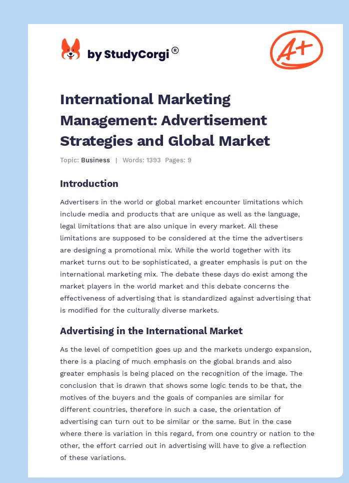 International Marketing Management: Advertisement Strategies and Global Market. Page 1