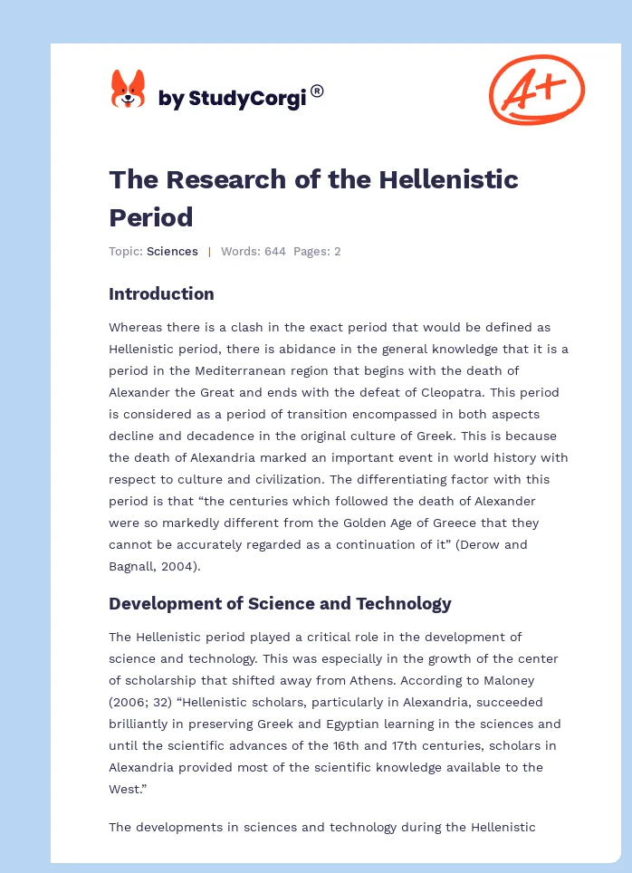 The Research of the Hellenistic Period. Page 1