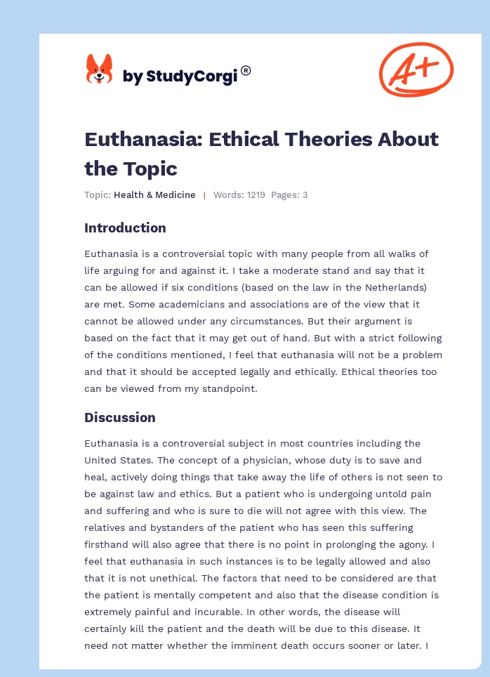 Euthanasia: Ethical Theories About the Topic. Page 1