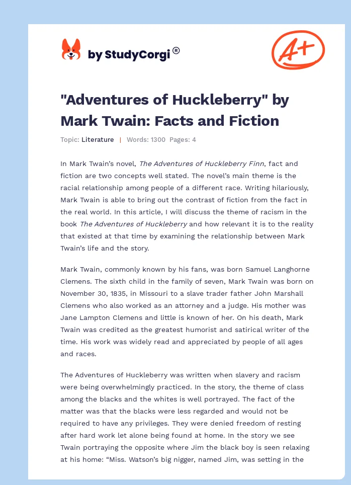 "Adventures of Huckleberry" by Mark Twain: Facts and Fiction. Page 1