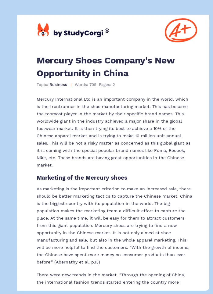 Mercury Shoes Company's New Opportunity in China. Page 1