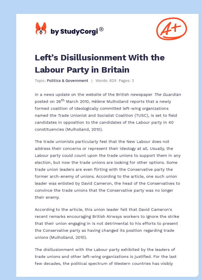 Left’s Disillusionment With the Labour Party in Britain. Page 1