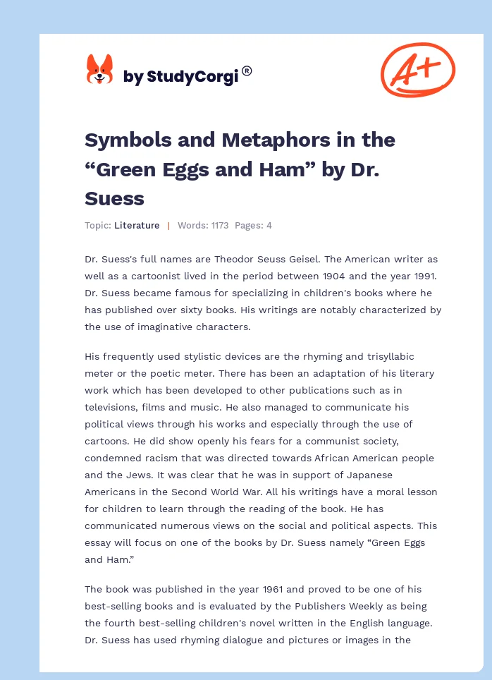 Symbols and Metaphors in the “Green Eggs and Ham” by Dr. Suess. Page 1