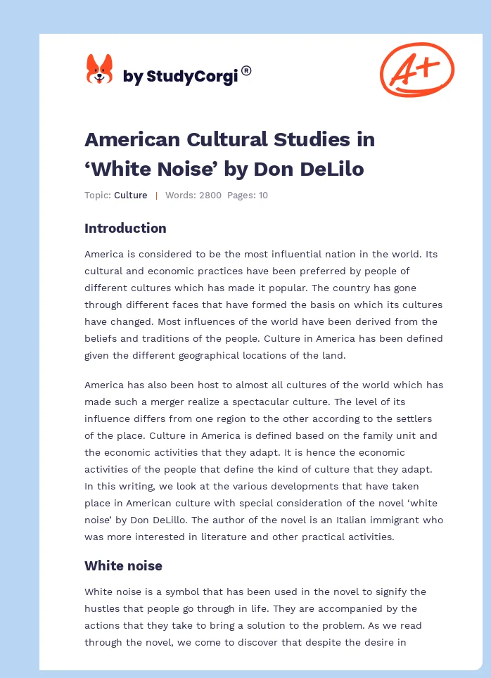 American Cultural Studies in ‘White Noise’ by Don DeLilo. Page 1