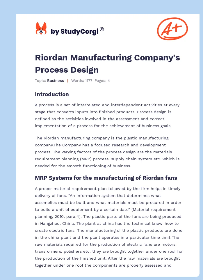 Riordan Manufacturing Company's Process Design. Page 1