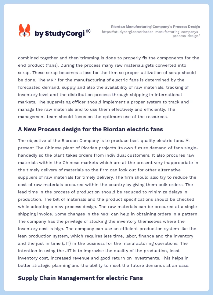 Riordan Manufacturing Company's Process Design. Page 2