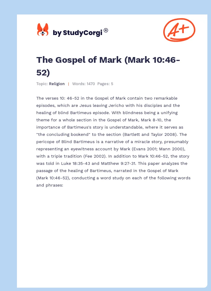 The Gospel of Mark (Mark 10:46-52). Page 1