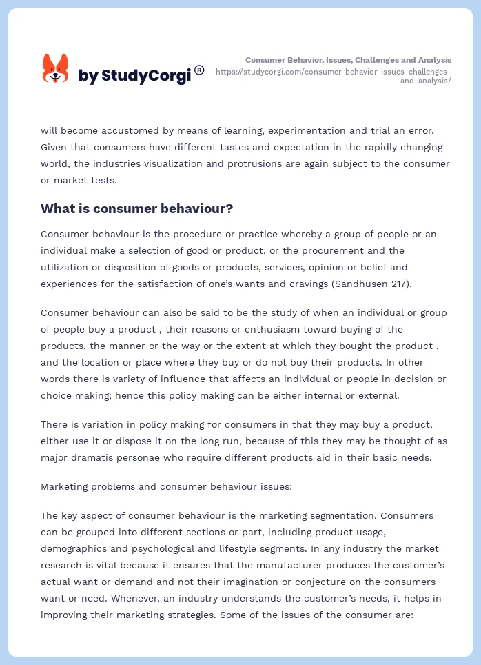 Consumer Behavior, Issues, Challenges and Analysis. Page 2