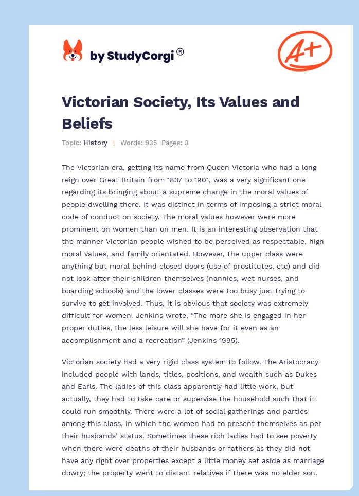Victorian Society, Its Values and Beliefs. Page 1