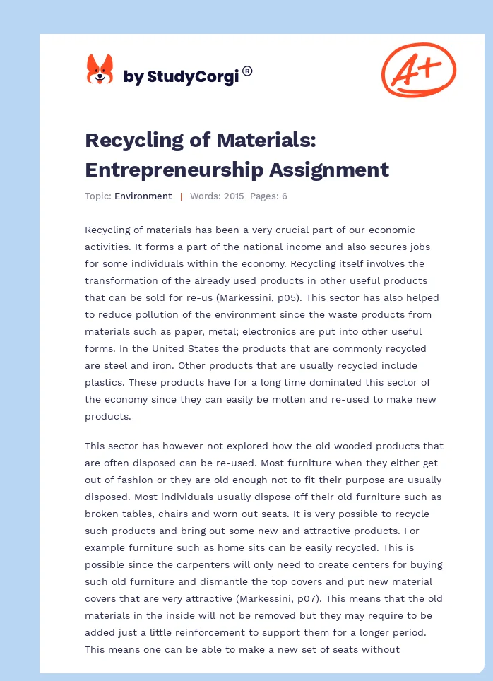Recycling of Materials: Entrepreneurship Assignment. Page 1