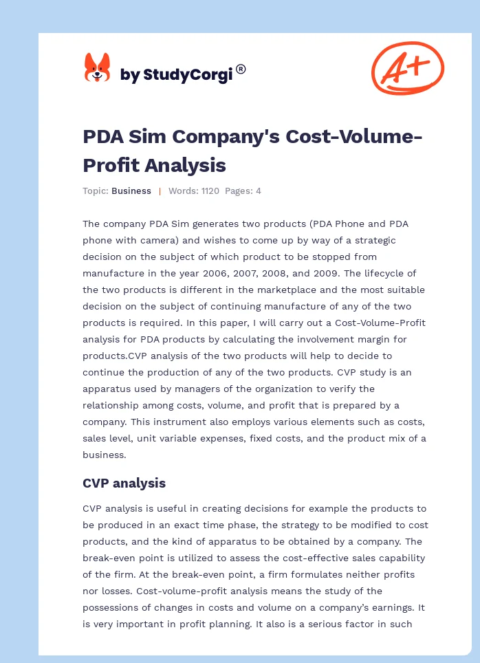 PDA Sim Company's Cost-Volume-Profit Analysis. Page 1