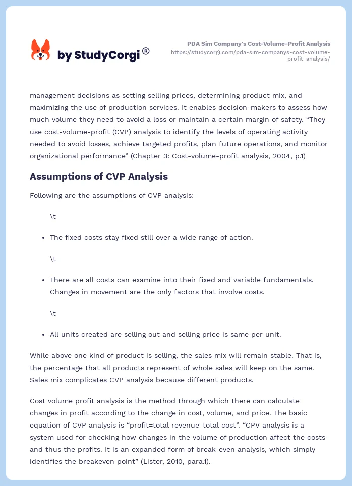 PDA Sim Company's Cost-Volume-Profit Analysis. Page 2