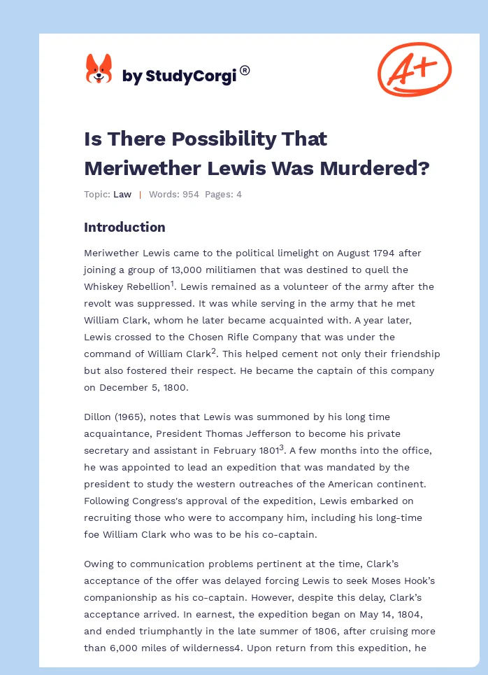 Is There Possibility That Meriwether Lewis Was Murdered?. Page 1