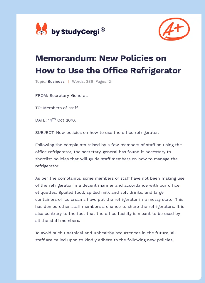 Memorandum: New Policies on How to Use the Office Refrigerator. Page 1