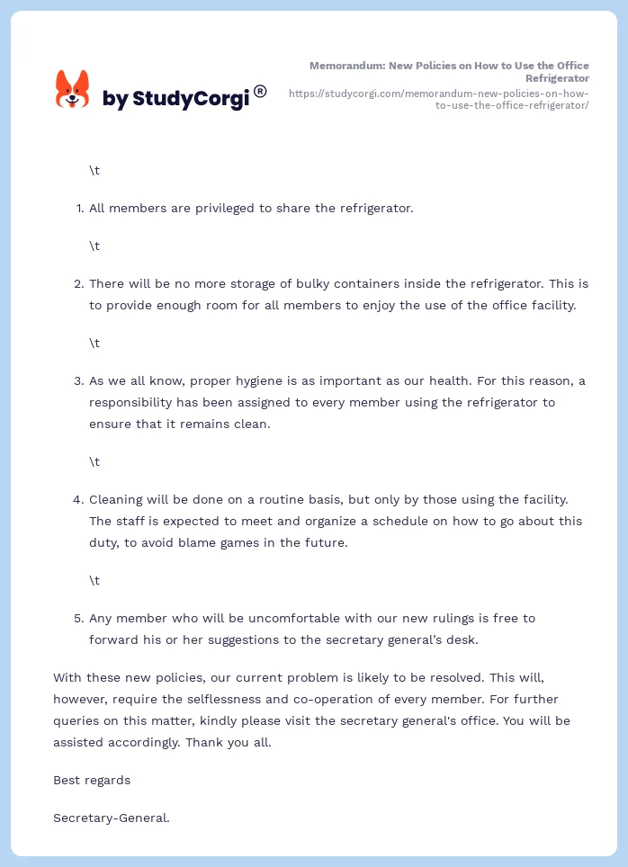 Memorandum: New Policies on How to Use the Office Refrigerator. Page 2