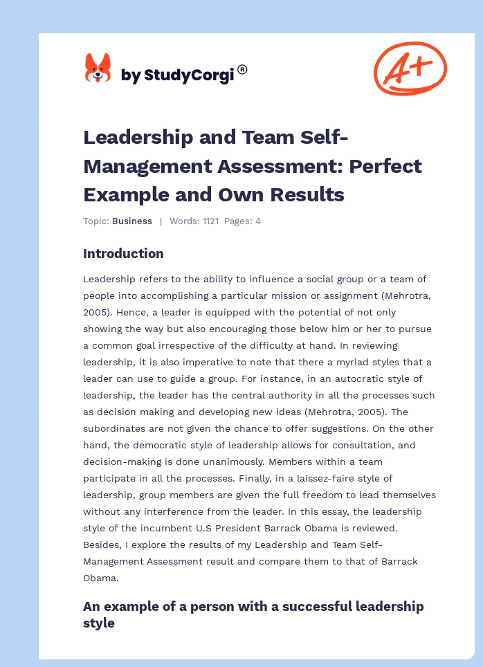 Leadership and Team Self-Management Assessment: Perfect Example and Own Results. Page 1