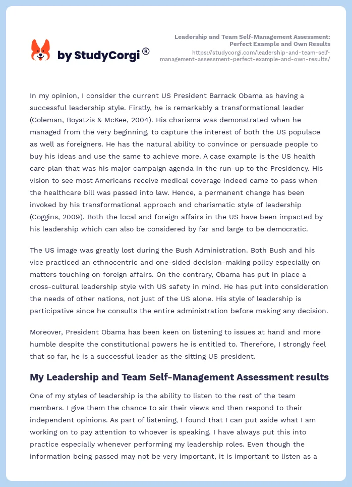 Leadership and Team Self-Management Assessment: Perfect Example and Own Results. Page 2
