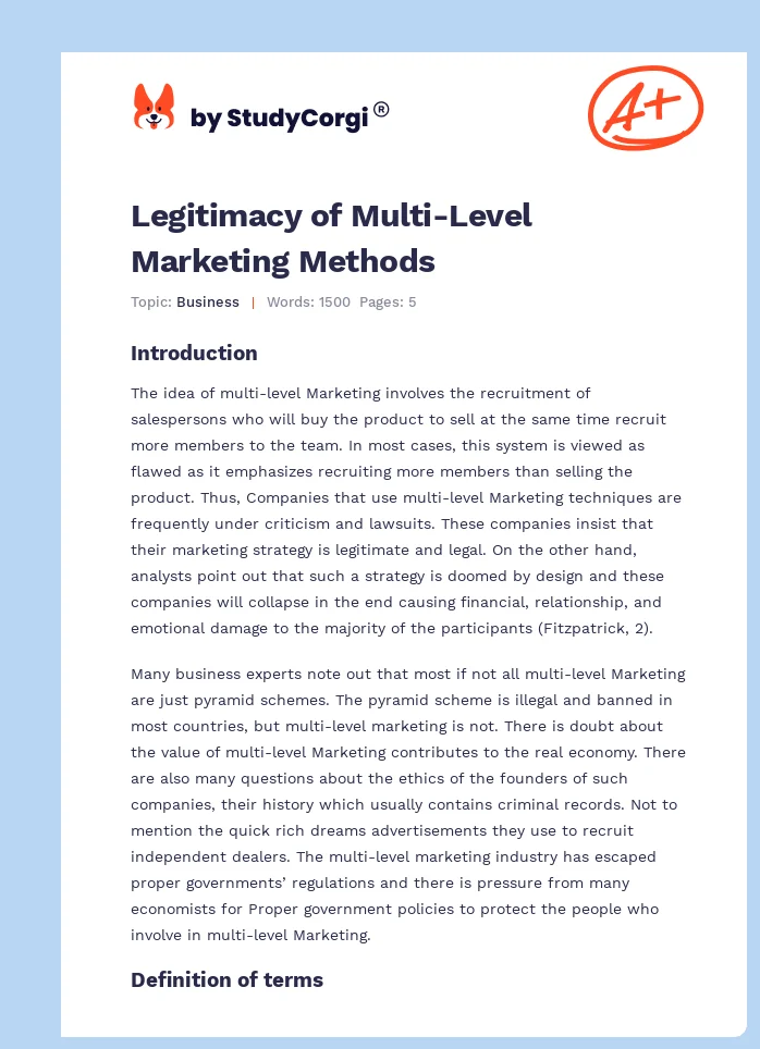 Legitimacy of Multi-Level Marketing Methods. Page 1