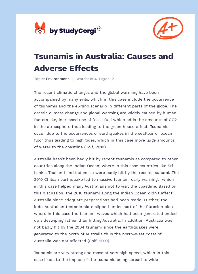 Tsunamis in Australia: Causes and Adverse Effects. Page 1
