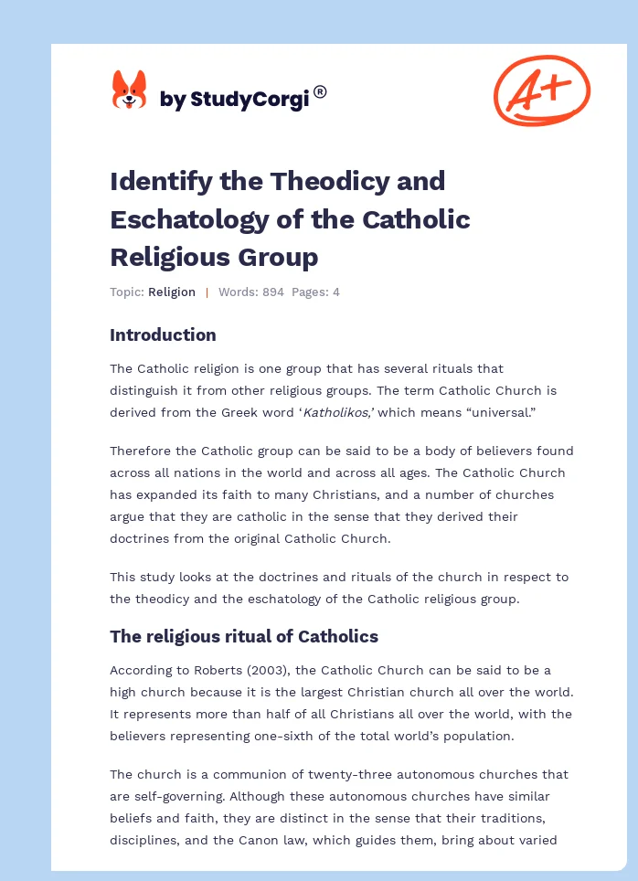 Identify the Theodicy and Eschatology of the Catholic Religious Group. Page 1