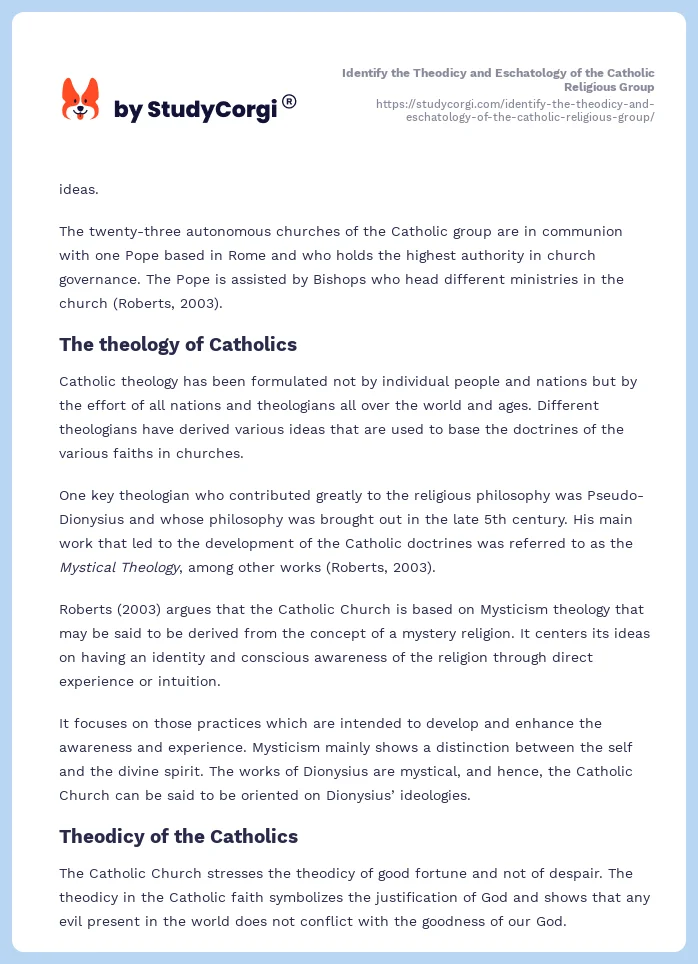 Identify the Theodicy and Eschatology of the Catholic Religious Group. Page 2