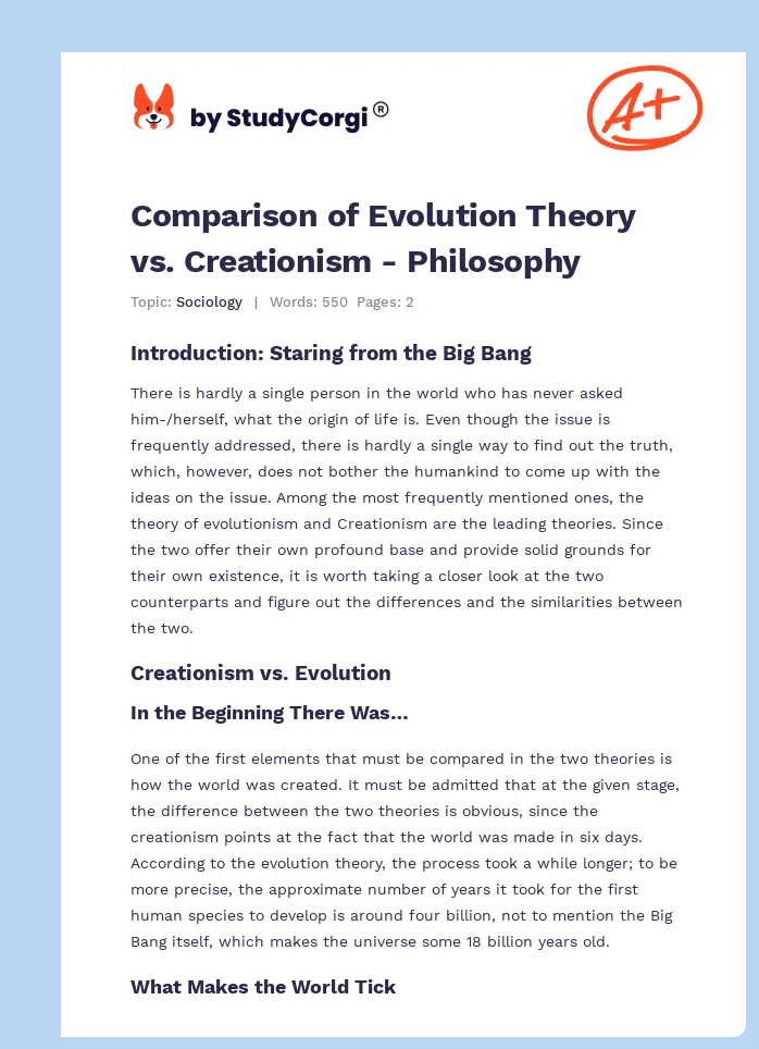 Comparison of Evolution Theory vs. Creationism - Philosophy. Page 1