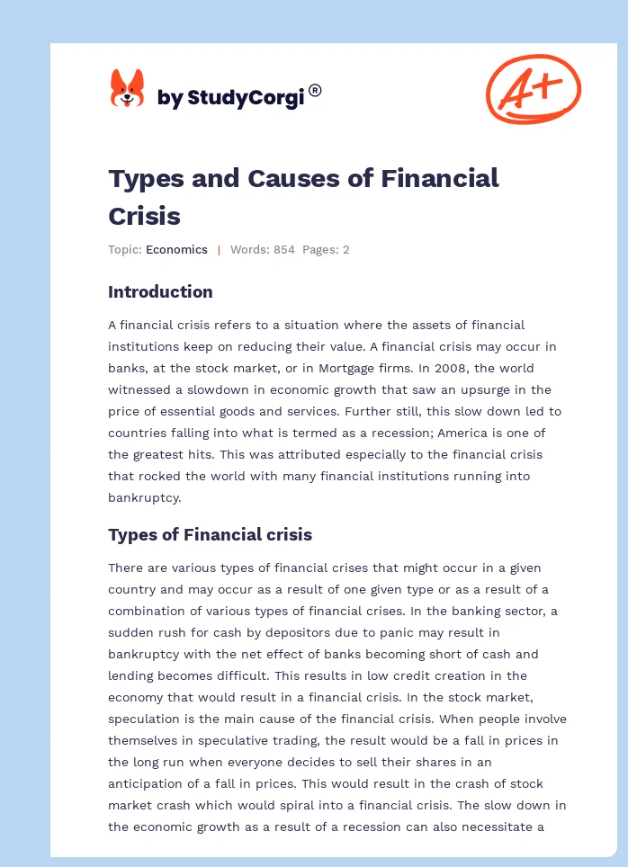 Types and Causes of Financial Crisis. Page 1