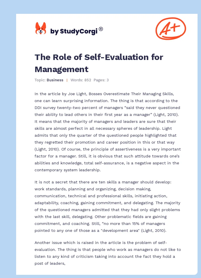 The Role of Self-Evaluation for Management. Page 1