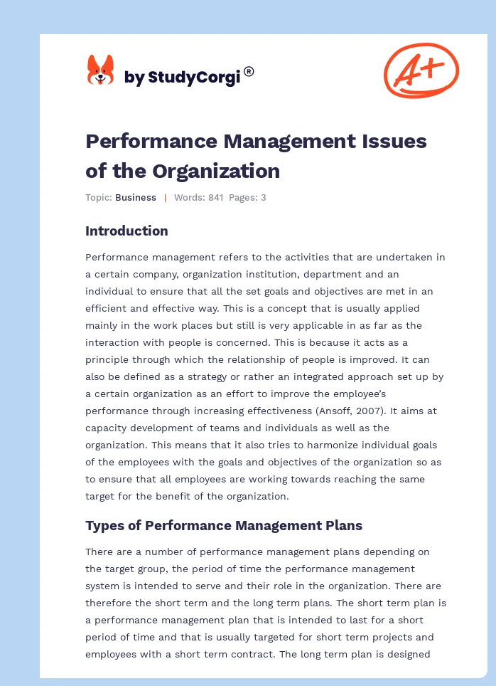 Performance Management Issues of the Organization. Page 1