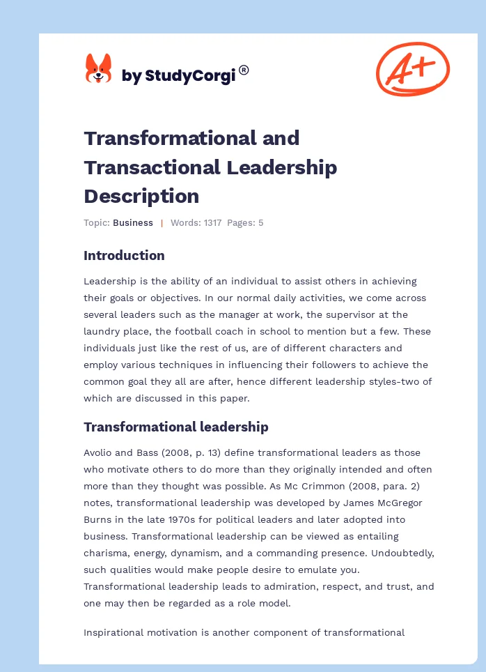 Transformational and Transactional Leadership Description. Page 1