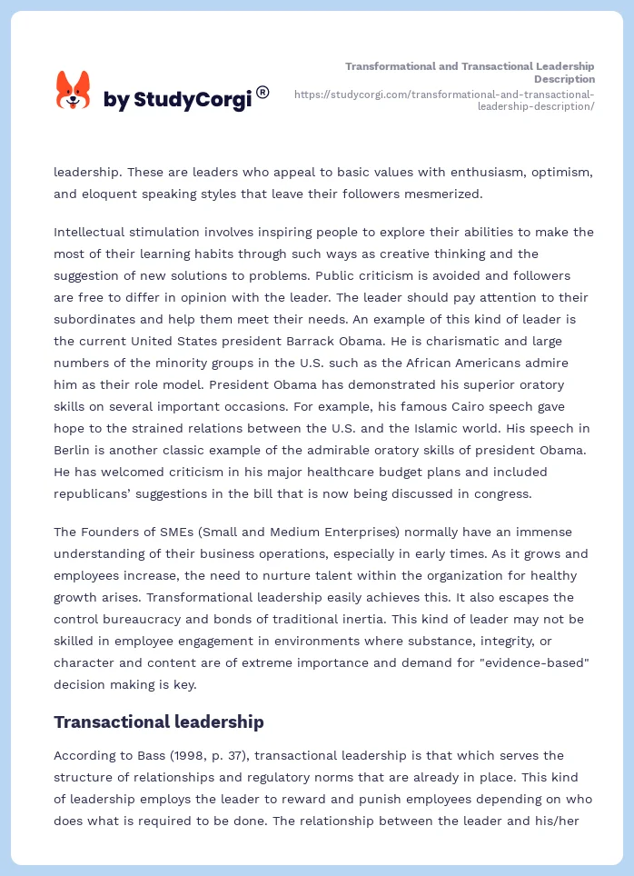 Transformational and Transactional Leadership Description. Page 2