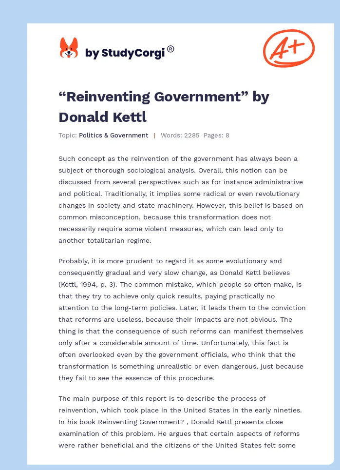 “Reinventing Government” by Donald Kettl. Page 1