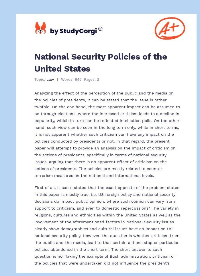 National Security Policies of the United States. Page 1