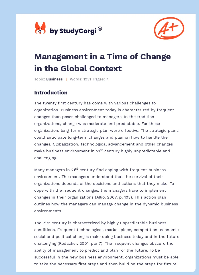 Management in a Time of Change in the Global Context. Page 1