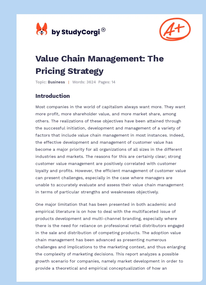 Value Chain Management: The Pricing Strategy. Page 1