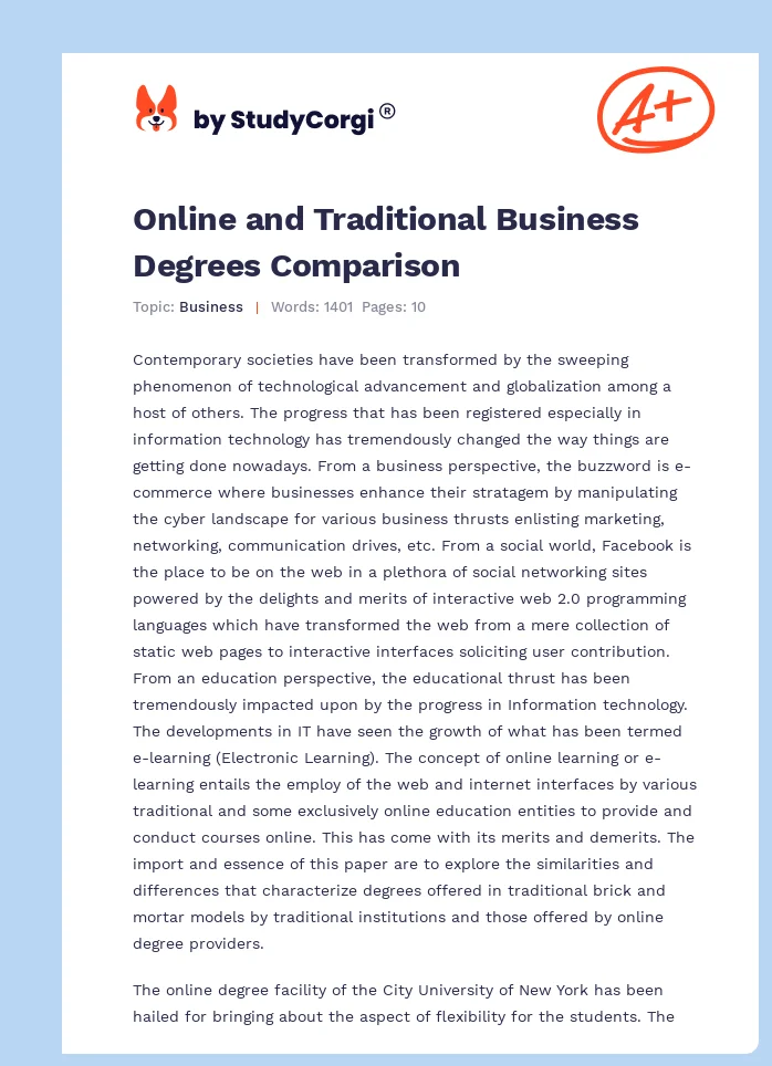Online and Traditional Business Degrees Comparison. Page 1