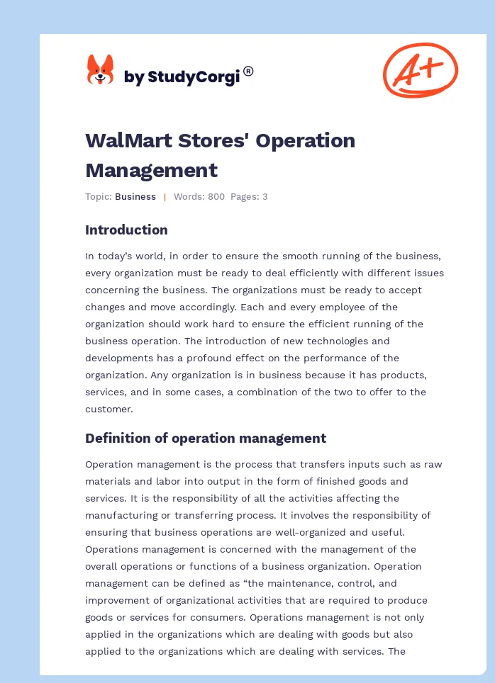 WalMart Stores' Operation Management. Page 1