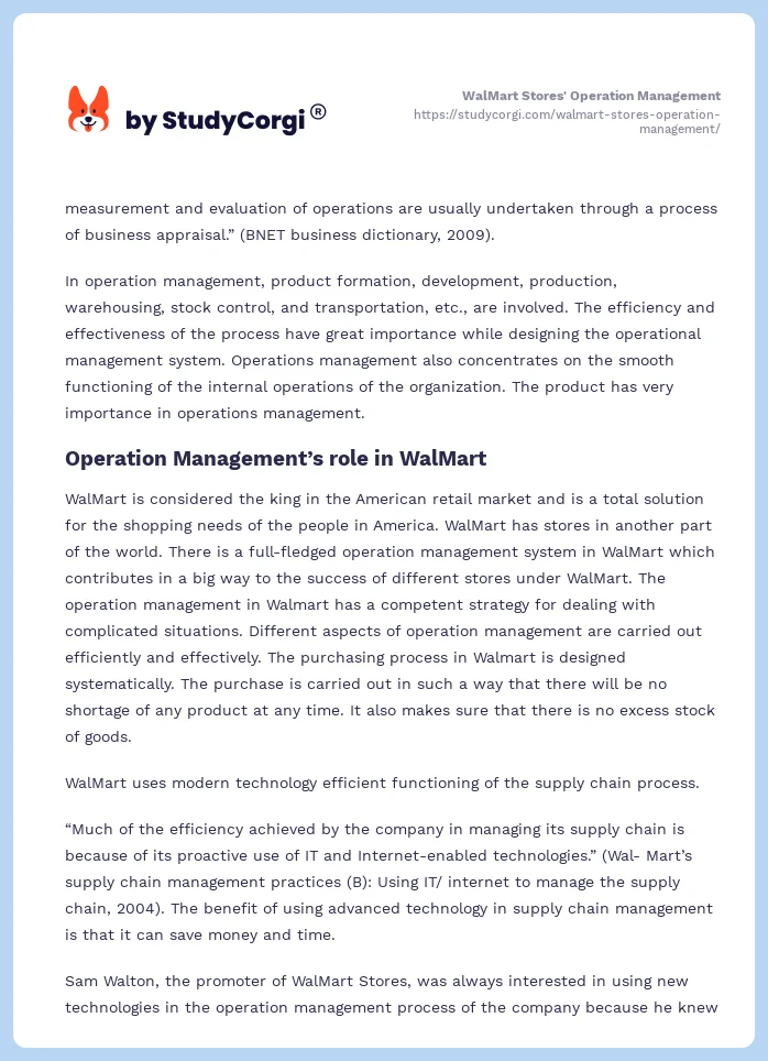 WalMart Stores' Operation Management. Page 2