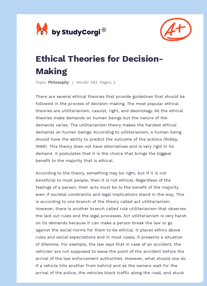 Ethical Theories for Decision-Making. Page 1