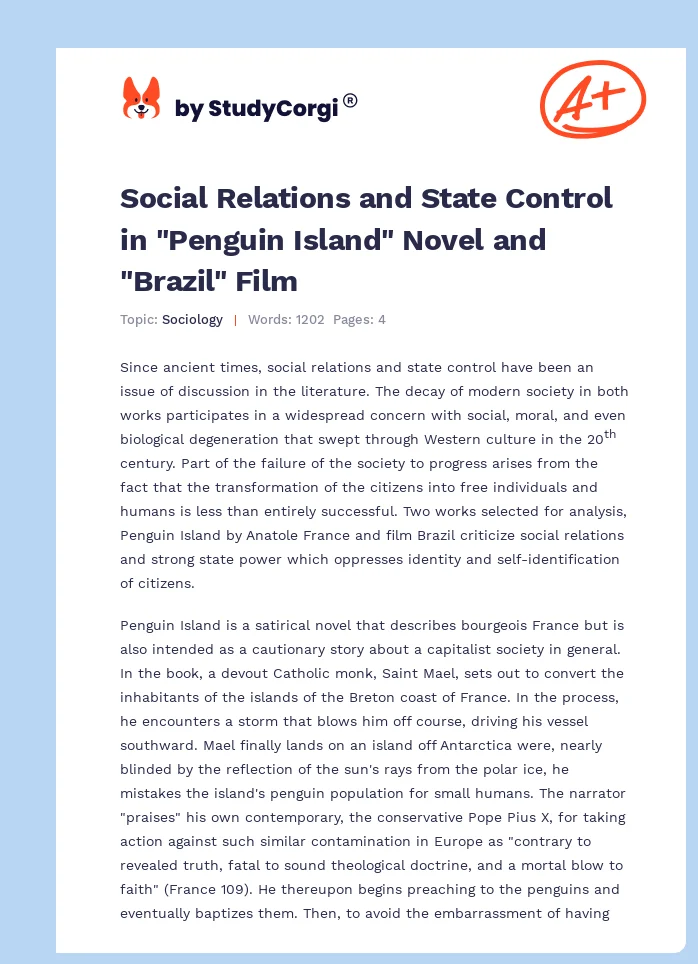 Social Relations and State Control in "Penguin Island" Novel and "Brazil" Film. Page 1