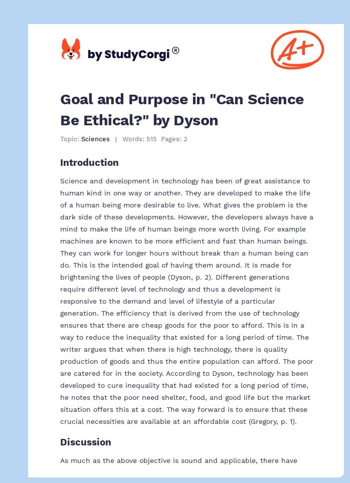 Goal and Purpose in "Can Science Be Ethical?" by Dyson. Page 1