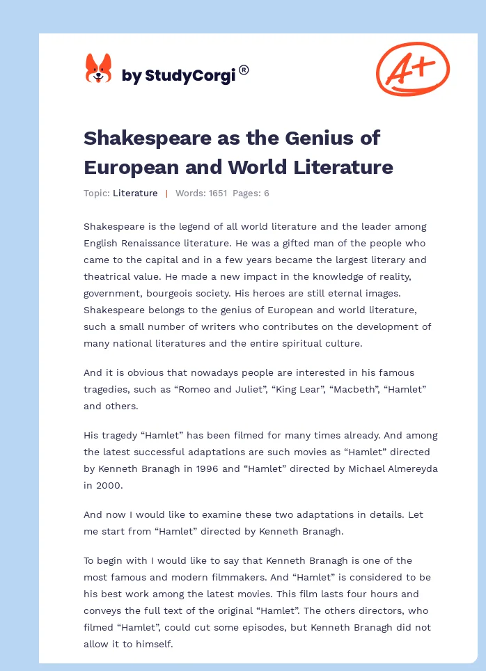 Shakespeare as the Genius of European and World Literature. Page 1