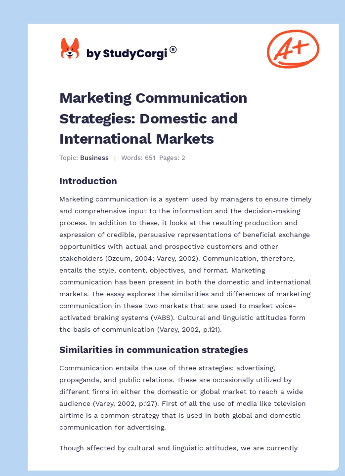 Marketing Communication Strategies: Domestic and International Markets. Page 1