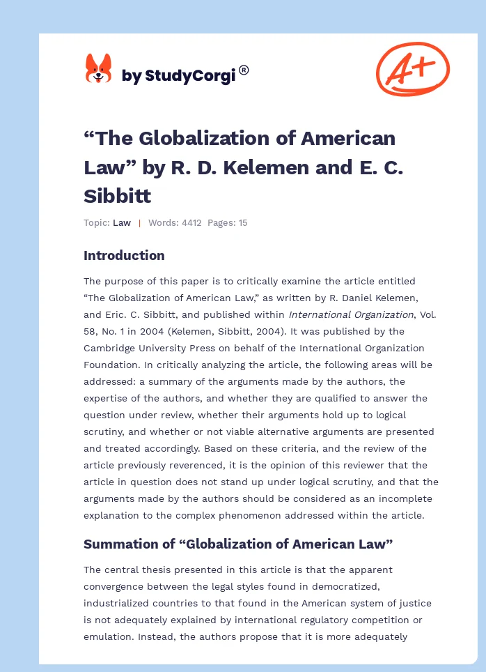 “The Globalization of American Law” by R. D. Kelemen and E. C. Sibbitt. Page 1