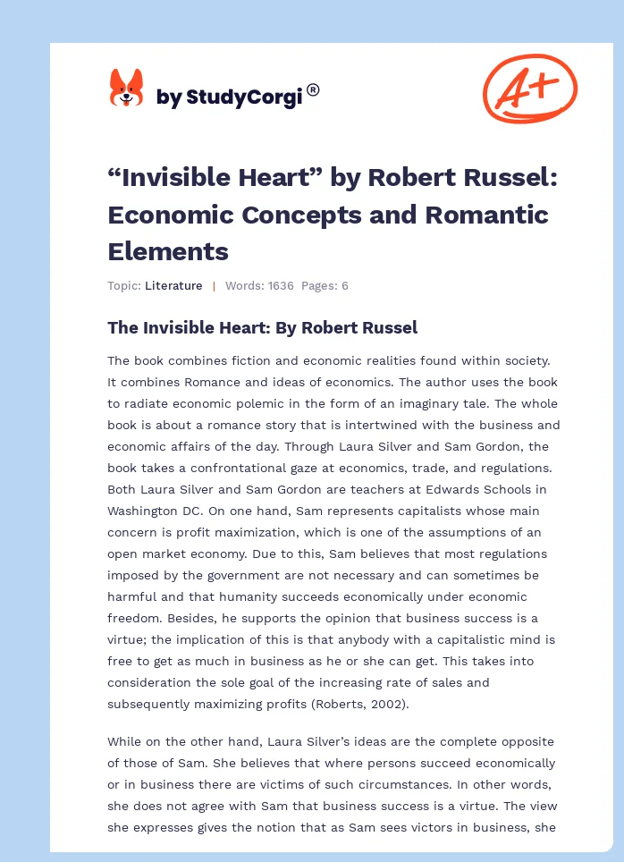 “Invisible Heart” by Robert Russel: Economic Concepts and Romantic Elements. Page 1