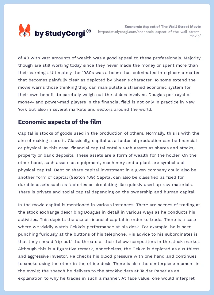 Economic Aspect of The Wall Street Movie. Page 2