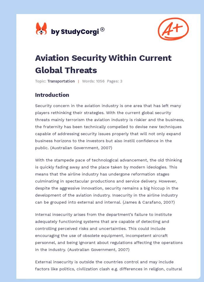 Aviation Security Within Current Global Threats. Page 1