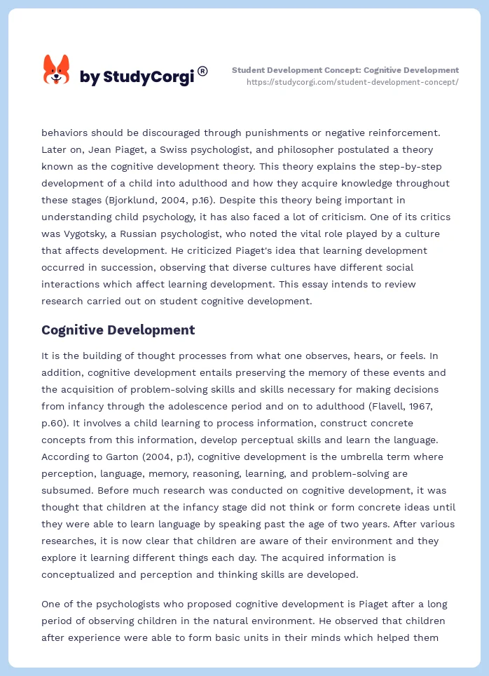 Student Development Concept: Cognitive Development. Page 2