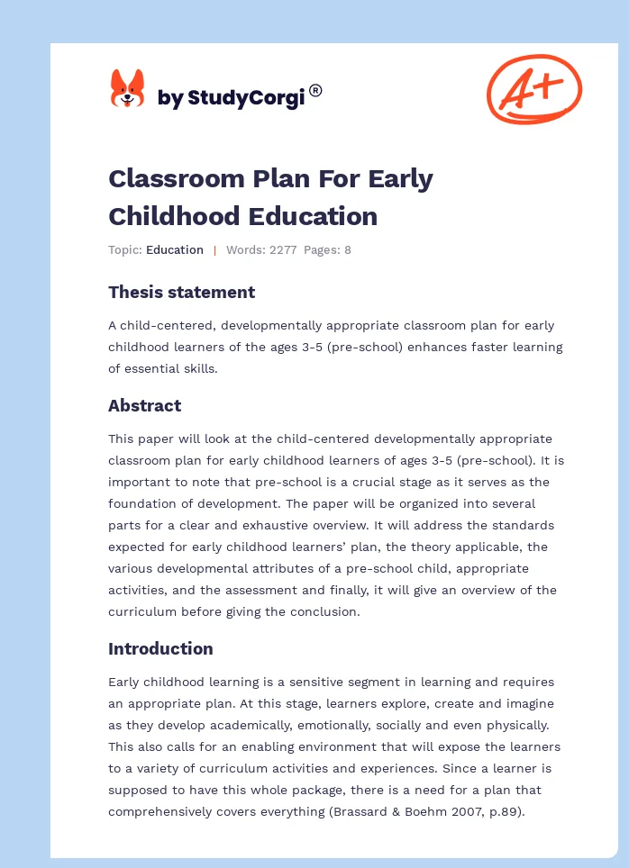 Classroom Plan For Early Childhood Education. Page 1